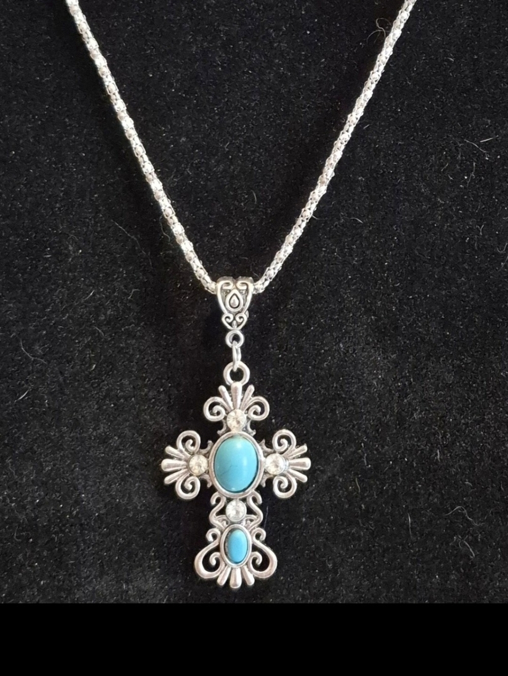 Western Faux Turquoise Cross Necklace & Earrings 3 Piece Set Silvertone New